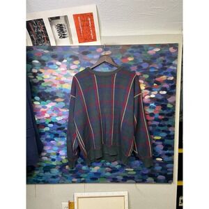 John Ashford Vintage Mens Large Cotton Plaid Knit Sweater Navy Green Red Yellow
